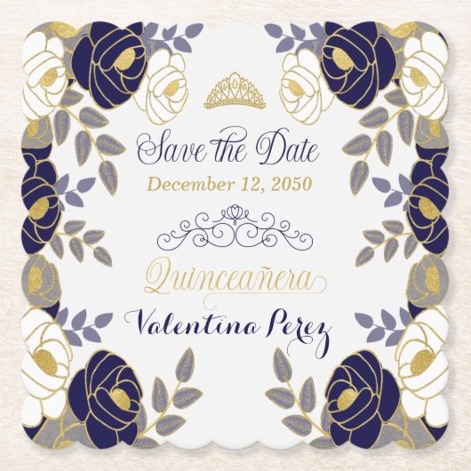 Navy Blue Bloemen Quinceanera Save the Date Kartonnen Onderzetters (Voorkant)