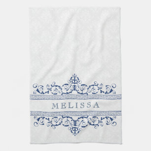 Navy Blue Bloemen Swirls Lijst Theedoek