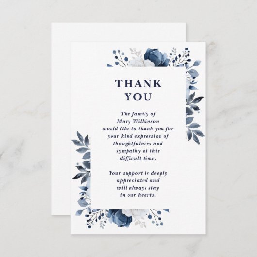 Navy Blue Bloemen Viering van het leven begrafenis Bedankkaart (Voorkant / Achterkant)