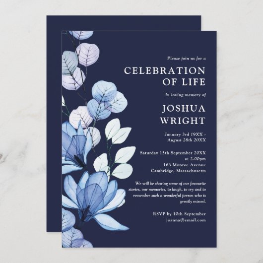 Navy Blue Bloemen Viering van het leven begrafenis Kaart (Voorkant / Achterkant)