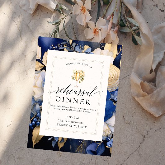 Navy Blue Bloemen Wijnproeverij repetitie diner Kaart