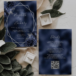 Navy Blue Bloemen Zilver Lijst QR Code Huwelijk Kaart