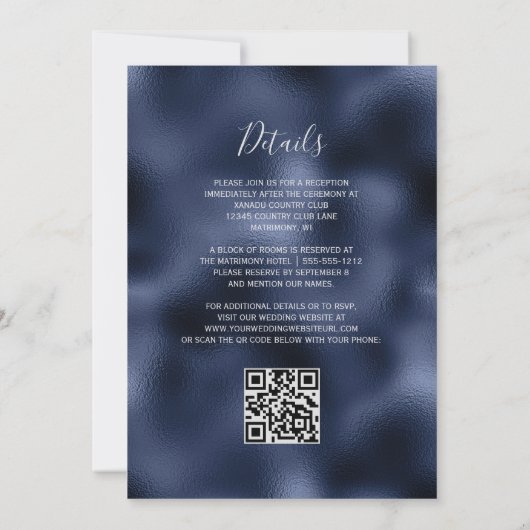 Navy Blue Bloemen Zilver Lijst QR Code Huwelijk Kaart (Achterkant)