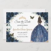 Navy Blue Bloemenjurk Quinceañera Save the Date (Voorkant)