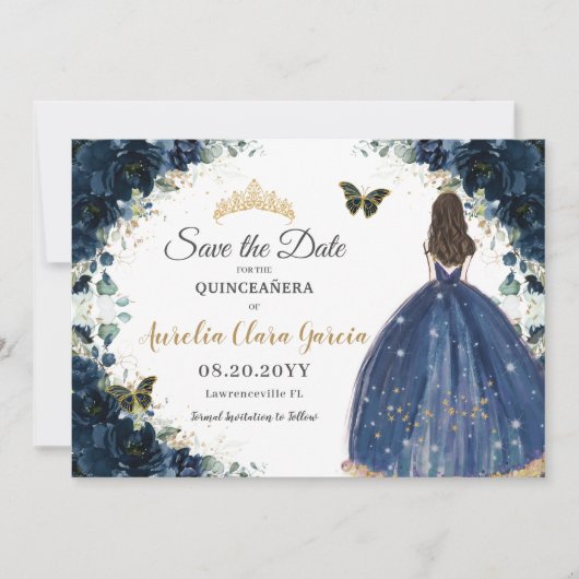 Navy Blue Bloemenjurk Quinceañera Save the Date (Voorkant)