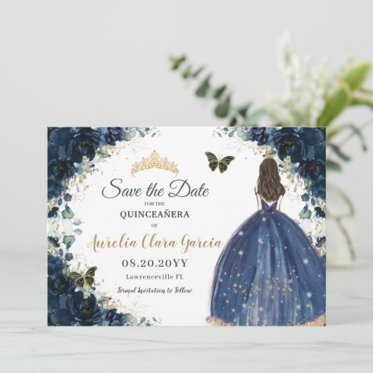 Navy Blue Bloemenjurk Quinceañera Save the Date (Staand voorkant)