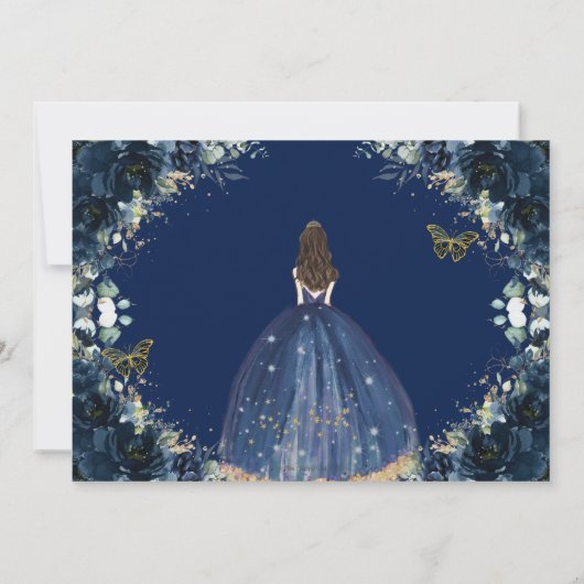 Navy Blue Bloemenjurk Quinceañera Save the Date (Achterkant)