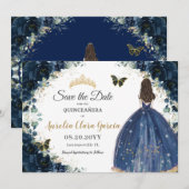 Navy Blue Bloemenjurk Quinceañera Save the Date (Voorkant / Achterkant)