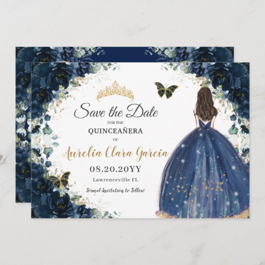 Navy Blue Bloemenjurk Quinceañera Save the Date (Voorkant / Achterkant)