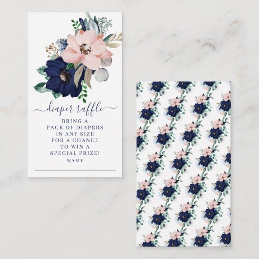 Navy Blue & Blush Bloemen Baby shower Luier Raffle Informatiekaartje (Voorkant / Achterkant)