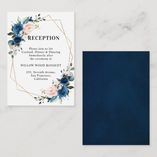 Navy Blue Blush Bloemen Geometrische Bruiloft Rece Informatiekaartje (Voorkant / Achterkant)