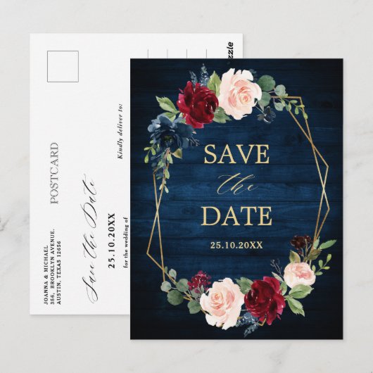 Navy Blue Blush Bourgogne Geometrische Save the Da Briefkaart (Voorkant / Achterkant)