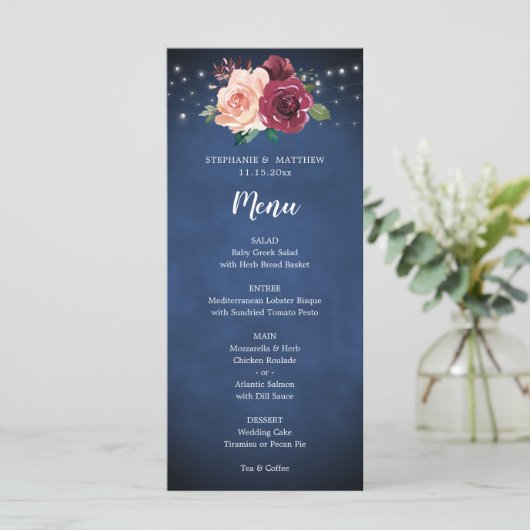Navy Blue Blush Bourgondië Roos Lights Bruiloft Me Menu (Staand voorkant)