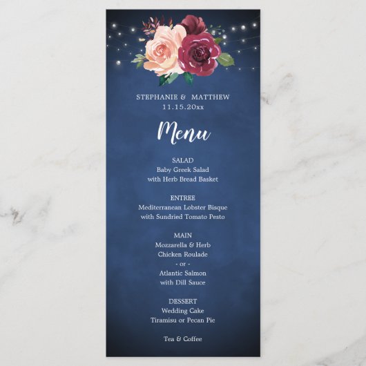Navy Blue Blush Bourgondië Roos Lights Bruiloft Me Menu (Voorkant)