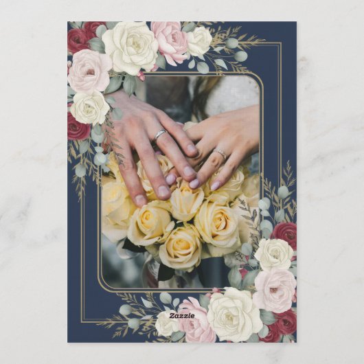 Navy Blue Blush Burgundy Floral Gold Frame Wedding Kaart (Achterkant)