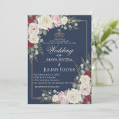 Navy Blue Blush Burgundy Floral Gold Frame Wedding Kaart (Staand voorkant)