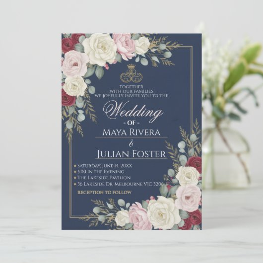 Navy Blue Blush Burgundy Floral Gold Frame Wedding Kaart (Staand voorkant)