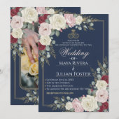 Navy Blue Blush Burgundy Floral Gold Frame Wedding Kaart (Voorkant / Achterkant)