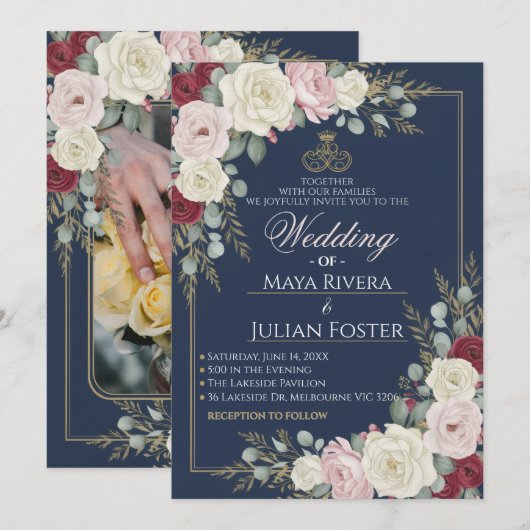 Navy Blue Blush Burgundy Floral Gold Frame Wedding Kaart (Voorkant / Achterkant)