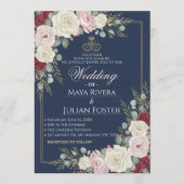 Navy Blue Blush Burgundy Floral Gold Frame Wedding Kaart (Voorkant)