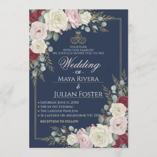 Navy Blue Blush Burgundy Floral Gold Frame Wedding Kaart