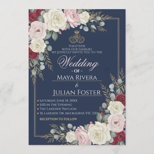 Navy Blue Blush Burgundy Floral Gold Frame Wedding Kaart (Voorkant)