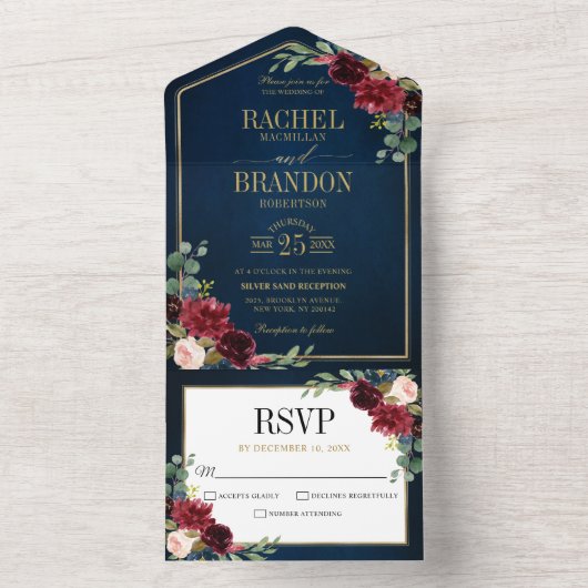 Navy Blue Blush Burgundy Gold Geometric Weddenscha All In One Uitnodiging (Binnen)