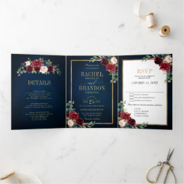 Navy Blue Blush Burgundy Gold Geometric Weddenscha Drieluik Aankondiging