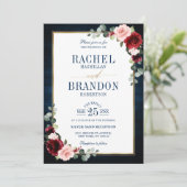 Navy Blue Blush Burgundy Gold Geometric Weddenscha Kaart (Staand voorkant)