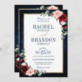 Navy Blue Blush Burgundy Gold Geometric Weddenscha Kaart (Voorkant / Achterkant)