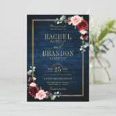 Navy Blue Blush Burgundy Gold Geometric Weddenscha Kaart (Staand voorkant)