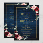 Navy Blue Blush Burgundy Gold Geometric Weddenscha Kaart (Voorkant / Achterkant)