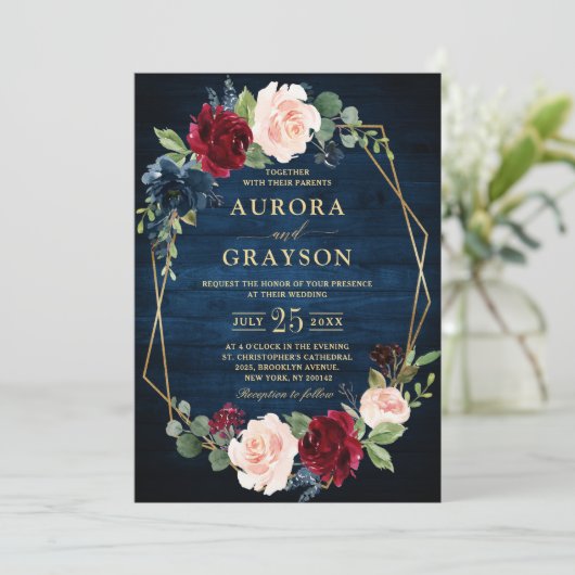 Navy Blue Blush Burgundy Gold Geometric Weddenscha Kaart (Staand voorkant)
