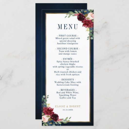 Navy Blue Blush Burgundy Gold Geometric Weddenscha Menu (Voorkant / Achterkant)