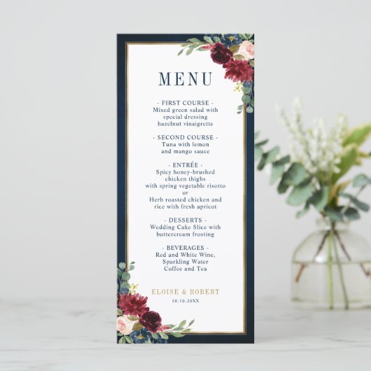 Navy Blue Blush Burgundy Gold Geometric Weddenscha Menu (Staand voorkant)