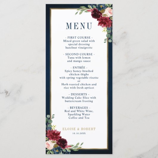 Navy Blue Blush Burgundy Gold Geometric Weddenscha Menu (Voorkant)