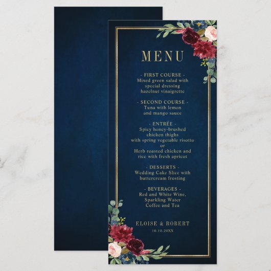 Navy Blue Blush Burgundy Gold Geometric Weddenscha Menu (Voorkant / Achterkant)