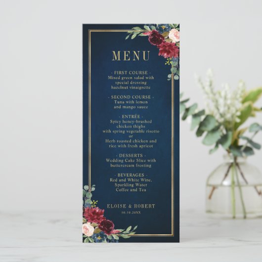 Navy Blue Blush Burgundy Gold Geometric Weddenscha Menu (Staand voorkant)