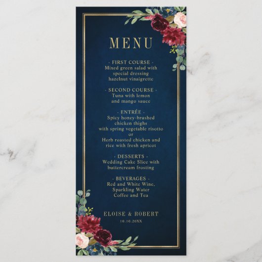 Navy Blue Blush Burgundy Gold Geometric Weddenscha Menu (Voorkant)