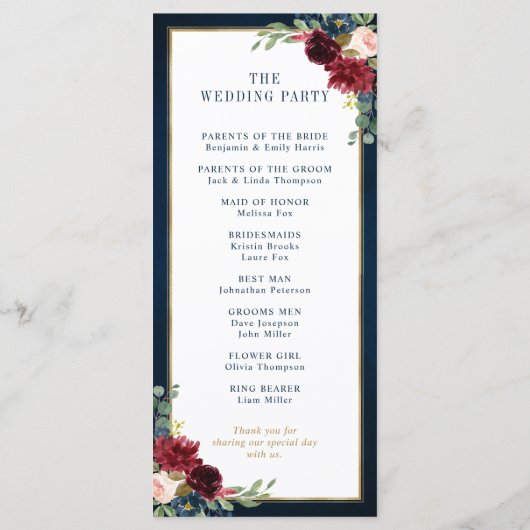 Navy Blue Blush Burgundy Gold Geometric Weddenscha Programmakaart (Achterkant)