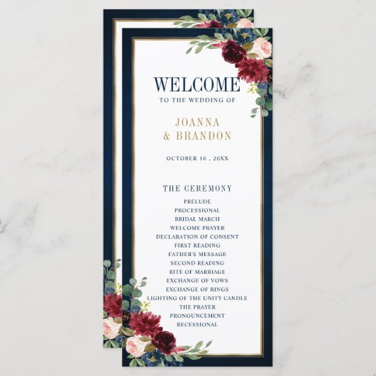 Navy Blue Blush Burgundy Gold Geometric Weddenscha Programmakaart (Voorkant / Achterkant)