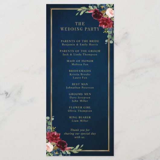 Navy Blue Blush Burgundy Gold Geometric Weddenscha Programmakaart (Achterkant)