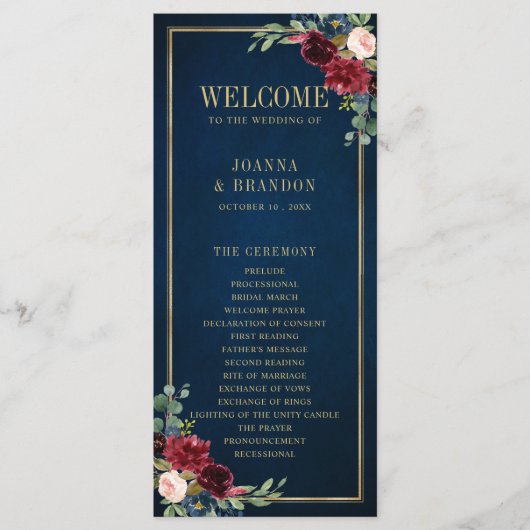 Navy Blue Blush Burgundy Gold Geometric Weddenscha Programmakaart (Voorkant)