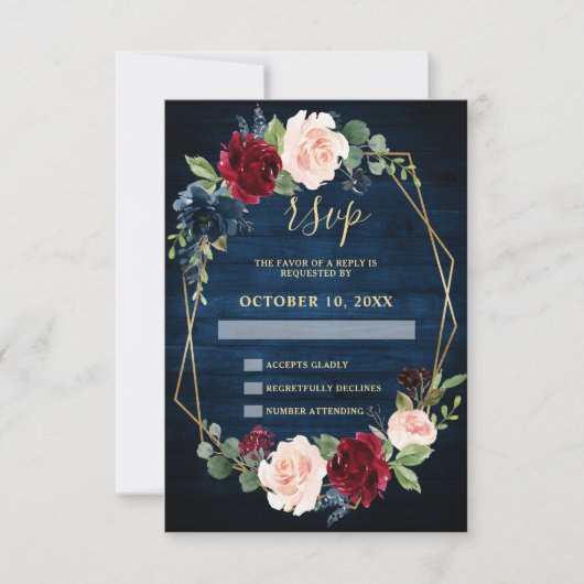 Navy Blue Blush Burgundy Gold Geometric Weddenscha RSVP Kaartje (Voorkant)