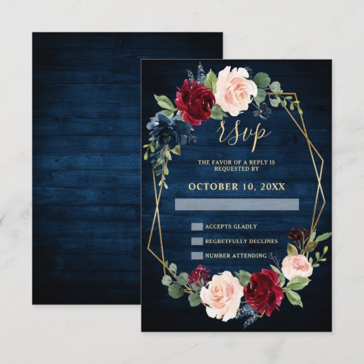 Navy Blue Blush Burgundy Gold Geometric Weddenscha RSVP Kaartje (Voorkant / Achterkant)