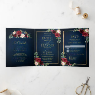 Navy Blue Blush Burgundy Gold Geometric Wedding Tr Drieluik Aankondiging