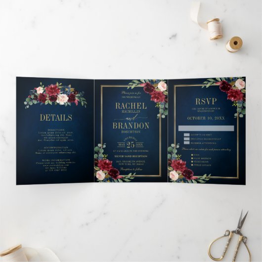 Navy Blue Blush Burgundy Gold Geometric Wedding Tr Drieluik Aankondiging (Binnen)