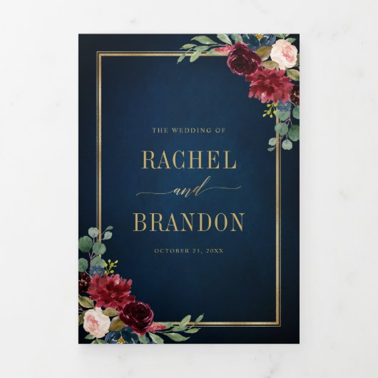 Navy Blue Blush Burgundy Gold Geometric Wedding Tr Drieluik Aankondiging (Cover)