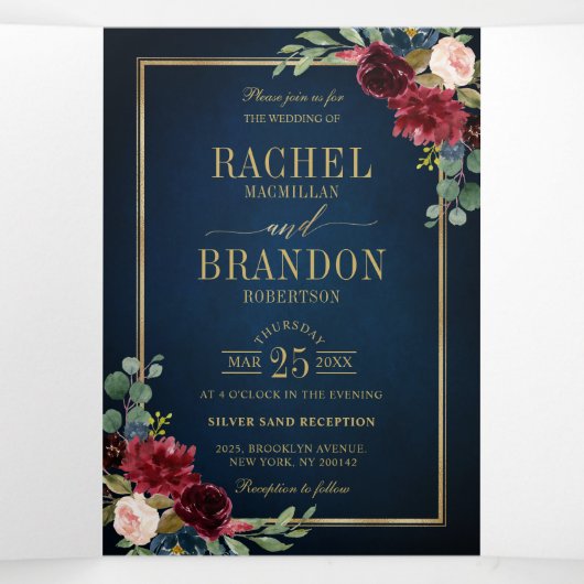 Navy Blue Blush Burgundy Gold Geometric Wedding Tr Drieluik Aankondiging (Binnenkant midden)
