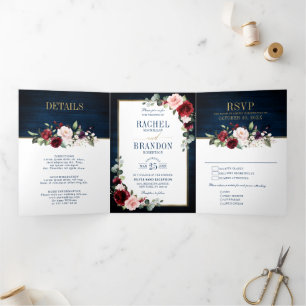 Navy Blue Blush Burgundy Gold Geometric Wedding Tr Drieluik Aankondiging